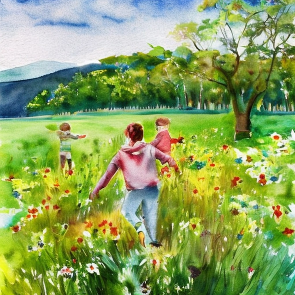 A watercolor painting that depicts a group of children playing in a field of wildflowers. They are dressed in casual clothing and appear to be enjoying the outdoors. The background is a green field with wildflowers and trees in the distance. The overall mood of the image is peaceful and relaxing.