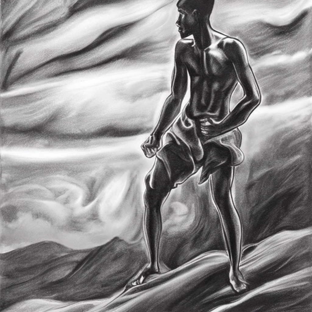 The image is a black and white drawing of a man standing on a rocky cliff, looking out into the distance. He is wearing a loincloth and has his arms in a fighting stance, as if he is ready to fight something in the distance. The sky is cloudy and stormy, with dark clouds and lightning flashing in the background. The overall mood of the image is determined and combative.