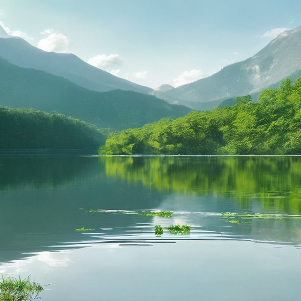 The image shows a serene and peaceful lake surrounded by lush green mountains. The water is calm and reflects the surrounding scenery, with the mountains towering above it. The sky is clear and blue, with a few fluffy clouds floating in it. The trees on the shore are tall and green, with leaves rustling in the breeze. The overall atmosphere is tranquil and peaceful.