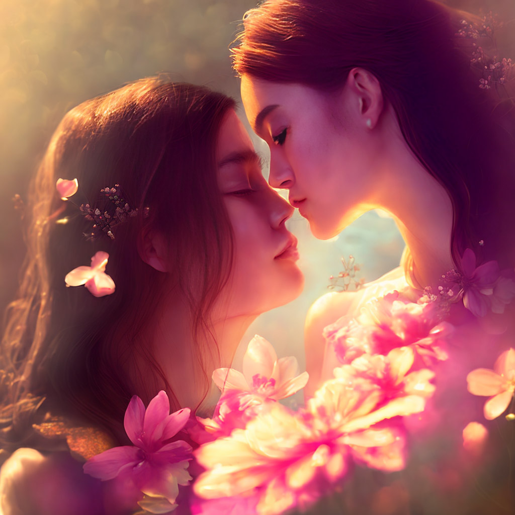 The image shows two women, one with her head tilted to the side and the other with her eyes closed, both with pink flowers in the background. The first woman has a pink flower in her hair and the second woman has a pink flower in her hand. The image is a digital painting with a soft, pastel color palette and a dreamy, ethereal quality. The overall mood of the image is romantic and intimate.