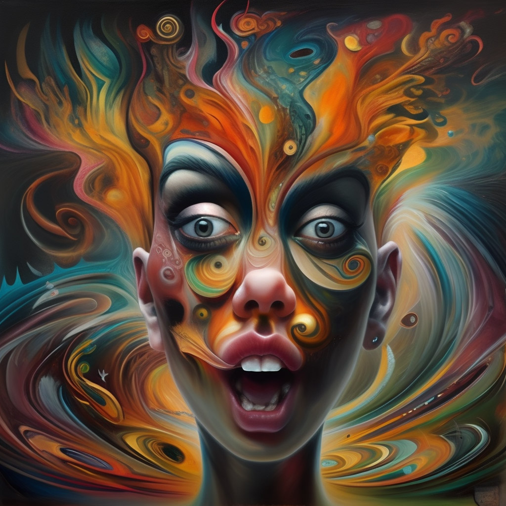The image is a digital painting of a woman with a colorful, abstract face. Her eyes are wide open and her mouth is agape, as if she is surprised or shocked. The background is a swirling, abstract design of colors and shapes. The overall effect is one of movement and energy.